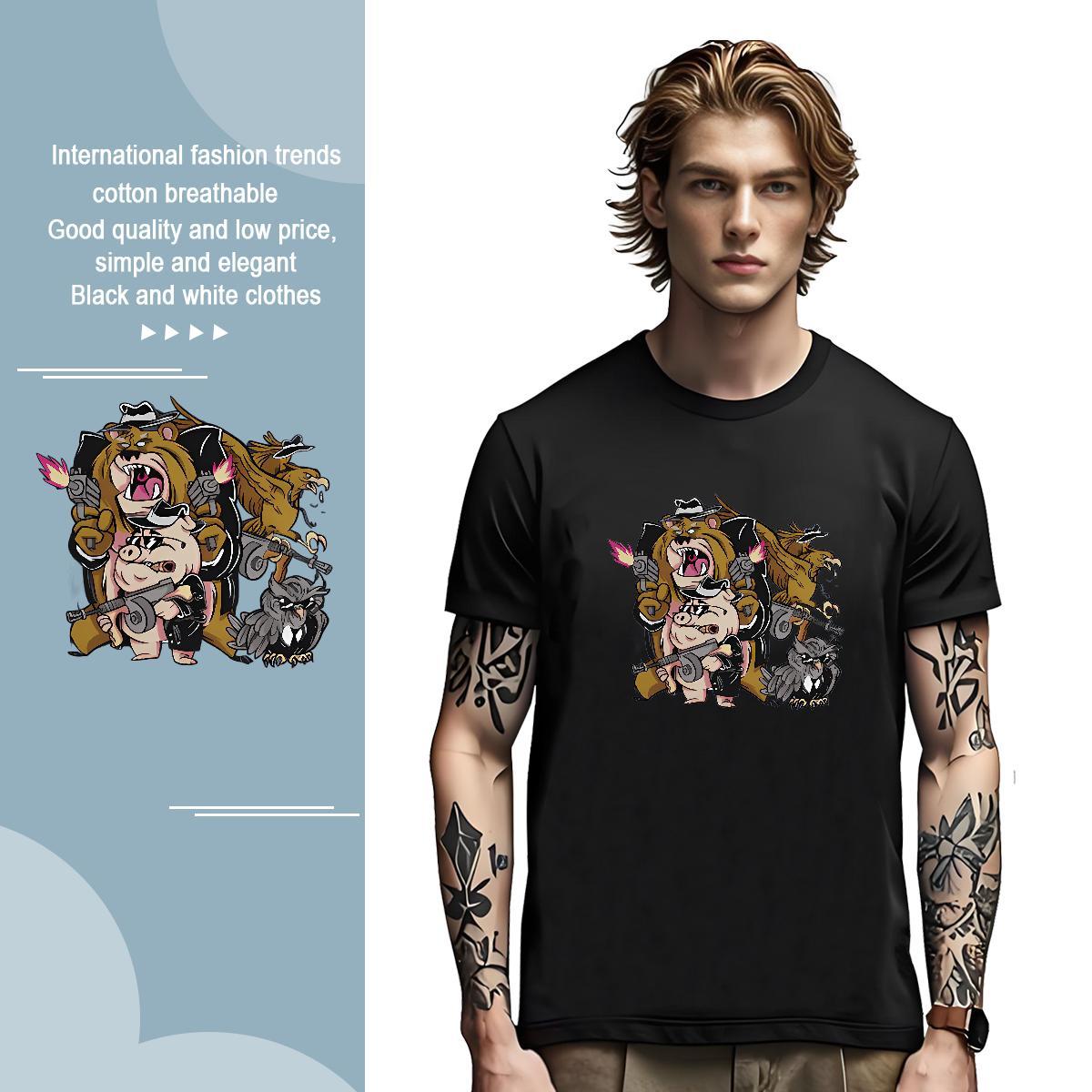 Men T Shirts 230g Cotton Beach Breathable Crew Neck Cartoon Printing L-4XL Men Tees Custom Loose Fit Tops