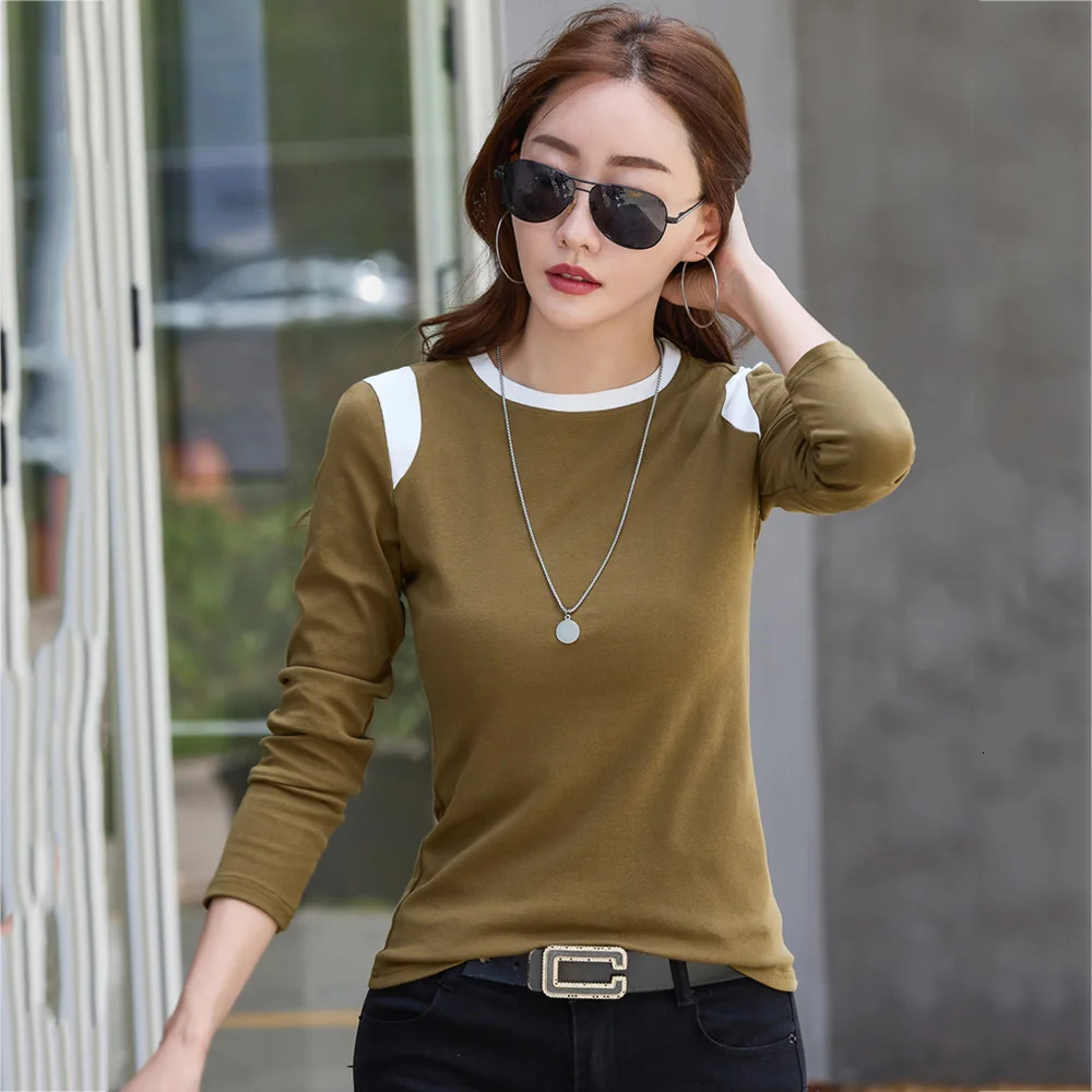 Women Long Sleeve T-shirt Spring Autumn Fashion Patchwork Contrast Color O-Neck Slim Basic Tees Tops Casual Bottoming Shirt 240806
