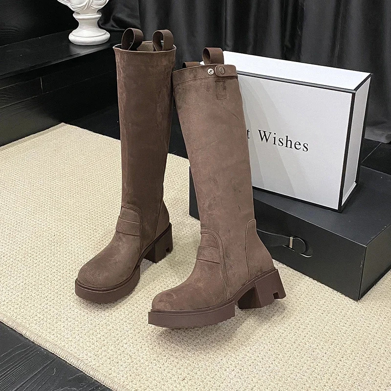 Women thick soled boots suede less than knee length thin chivalrous boots versatile thick heeled high Knights boots C1145 240801