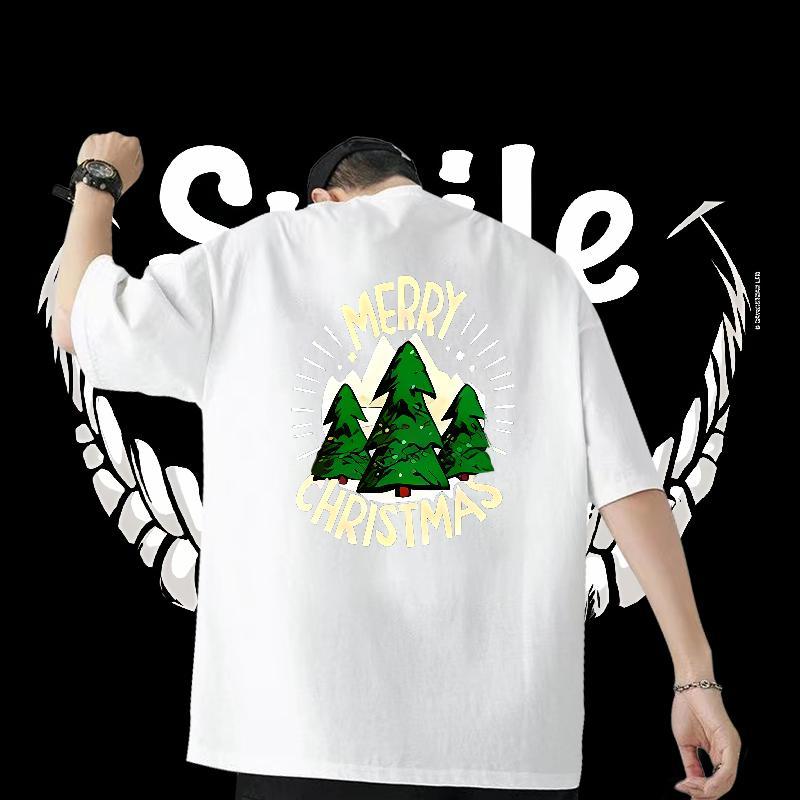 2024 Summer T-Shirts 230g Pure Cotton tree High Street Hip Hop Clothings Breathable Crew Neck Loose Tshirts White Plus Size
