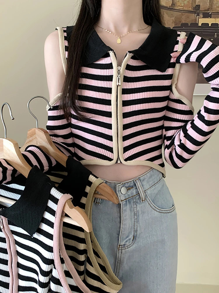 Itolin Y2K Womens Sexy Off Shoulder Long Sleeve T-shirt POLO Collar Striped Knitted Womens Striped Zipper Top 240827