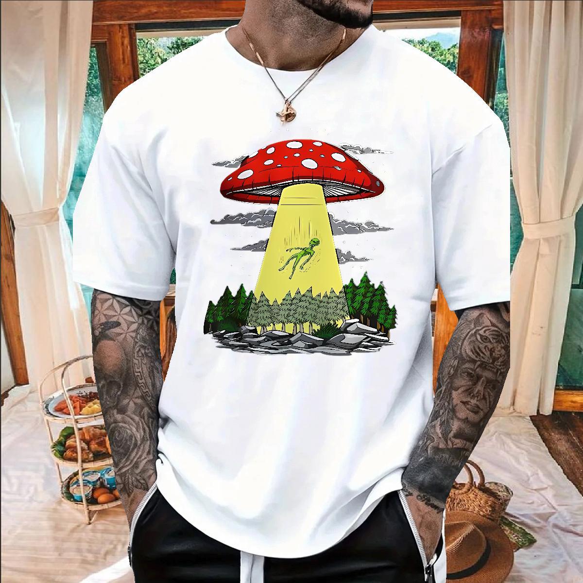 Classic Mens T Shirts 230g 100% Cotton mushroom Daily Outfit Tops Tees Breathable Crew Neck Unisex Men Tops Tees Floral Print