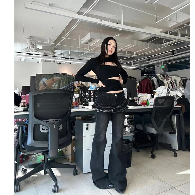 Womens Black Gothic Jeans Vintage Zippers Cowboy Pants Harajuku Baggy Punk Denim Trousers Y2k Oversize Trashy 2000s Emo Clothes 240806
