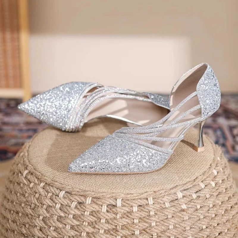 Sexy Pointed Toe Champagne Womens High Heels 2024 Sparkling Crystal Wedding Bridal Shoes Simple and Elegant Womens Dress Shoes 240802