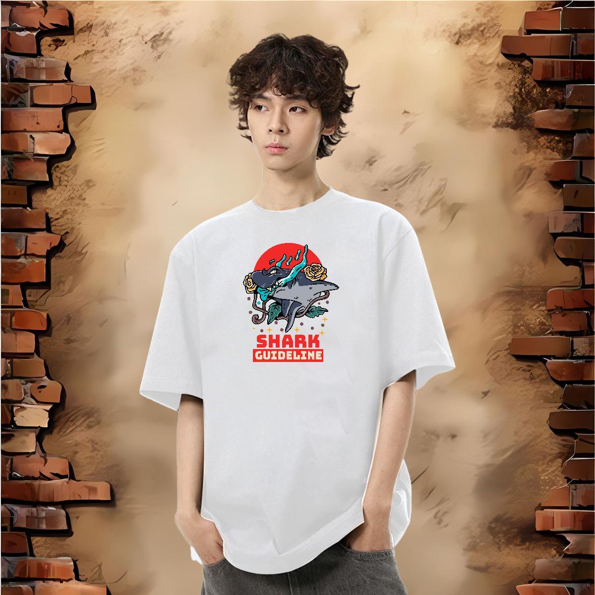 Free Shipping T Shirt For Man 230g Pure Cotton shark Hip Hop Street Wear O Neck Short Sleeves Loose Fit Men Clothes T-Shirt Custom Print Plus Size