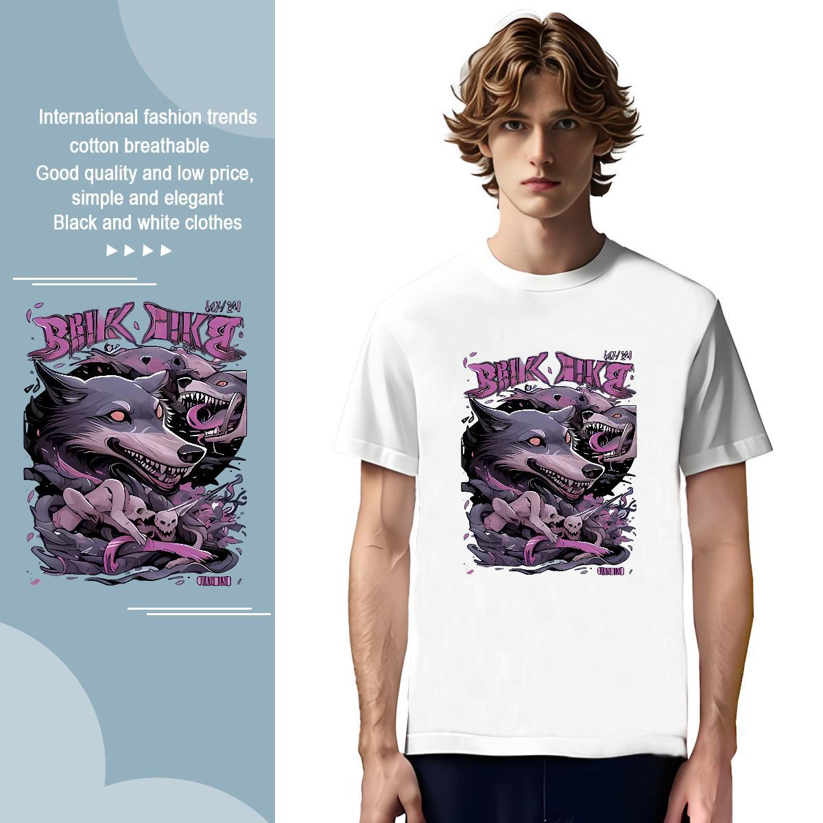 T Shirt For Man 230g Pure Cotton wolf High Street Hip Hop Breathable Crew Neck Custom Printing Men Tops Tees Brand TOP Quality Top Tees