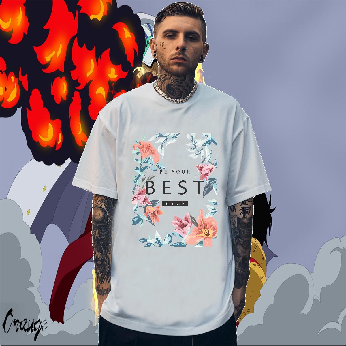 Classic Men Tops Tees 230g Pure Cotton Casual Beach flower Skull Breathable Crew Neck Customized T shirt Tee Shirt