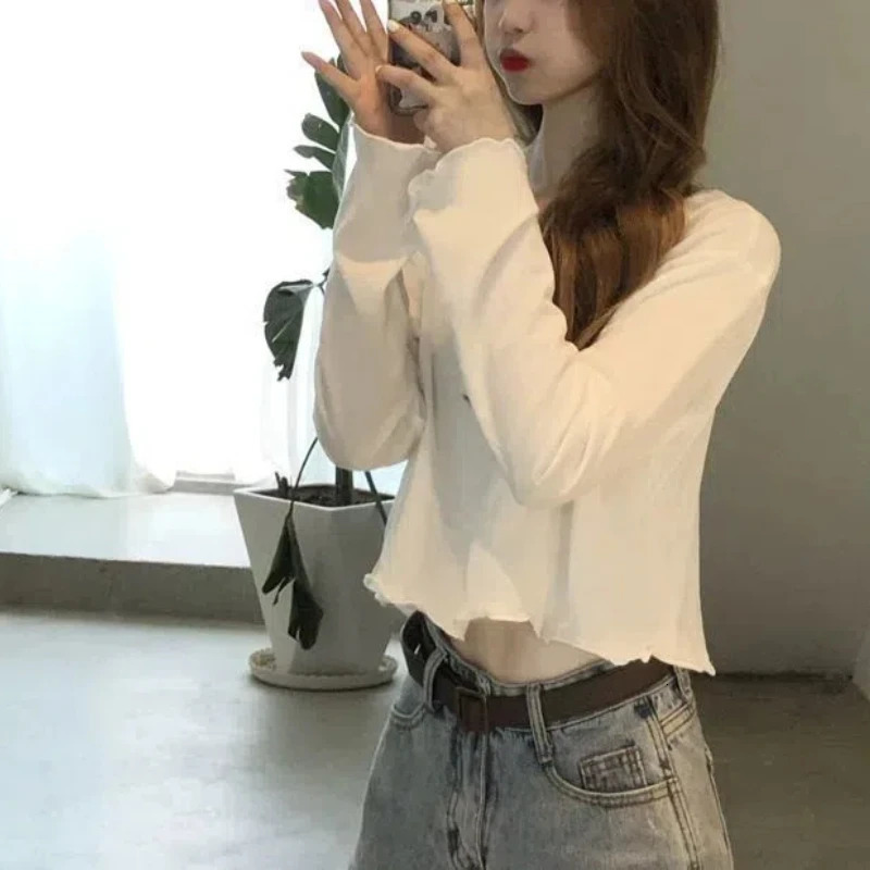Korean Womens Spring Spliced Pullover Round Neck Fashion Solid Color Loose Minimalist Casual Long Sleeved T-shirt Top 240806