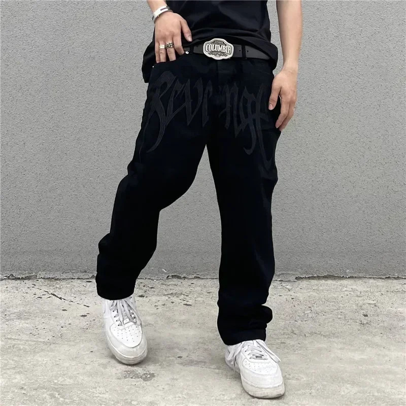 Baggy Jeans Mens 2024 Black Streetwear Y2k Clothes Denim Trousers American Retro Embroidery Letter Pants Straight Hip-hop 240806