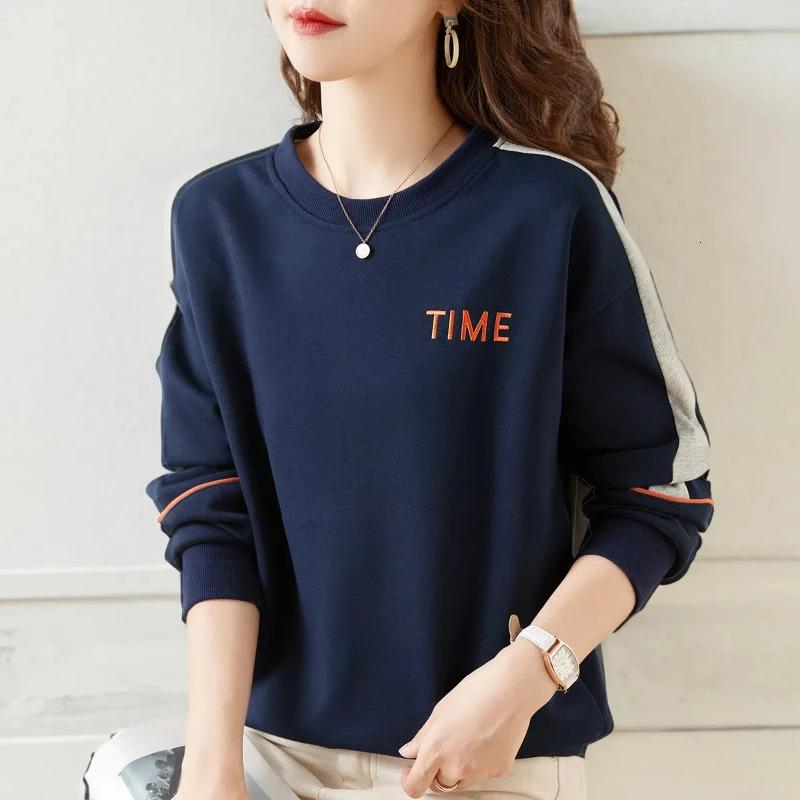 Korean Fashion Spring Autumn Womens O-Neck Letter Embroid Contrast Color Patchwork Casual Loose Long Sleeve Sweatshirts Tops 240806