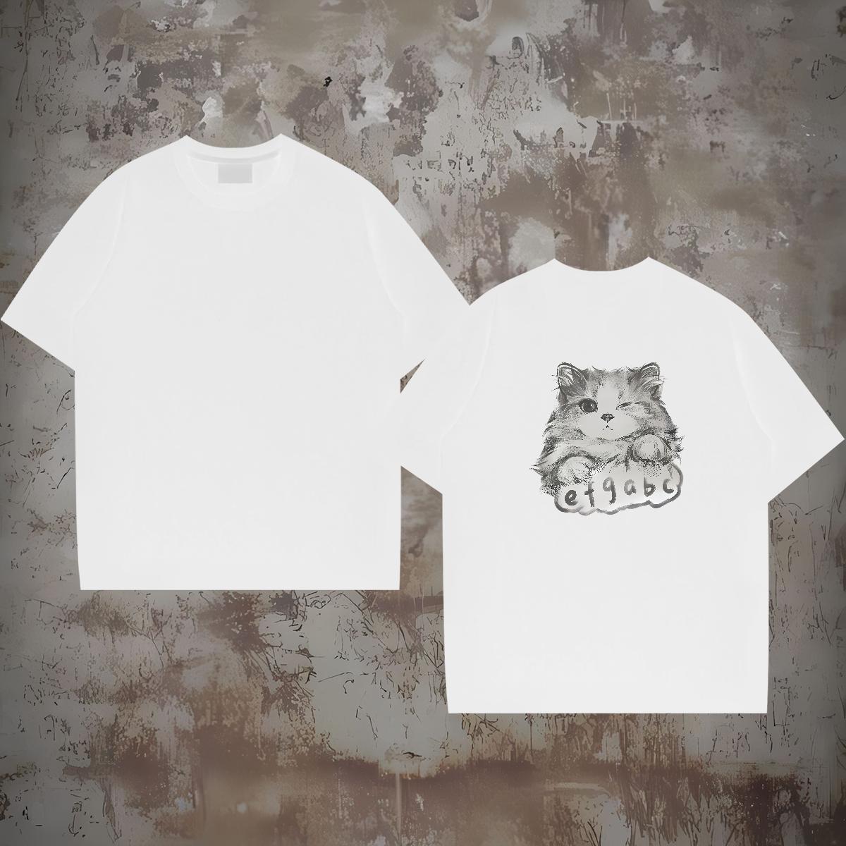 2024 T-Shirts for Men 230g Pure Cotton cat Street Casual Clothes Crew Neck Comfortable Men Tshirts Skull