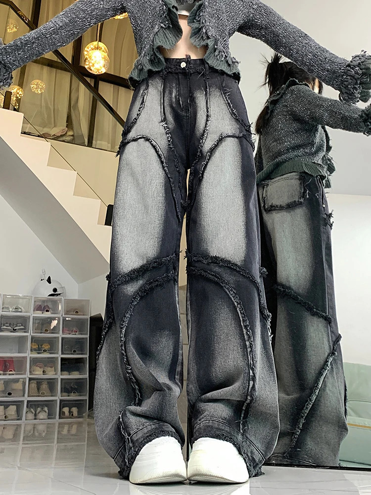 Retro Y2K Casual Ripped Dark Grey Jeans Baggy Women High Waist Wide Leg Trousers Harajuku Washed Denim Cargo Pants Fashion 240806