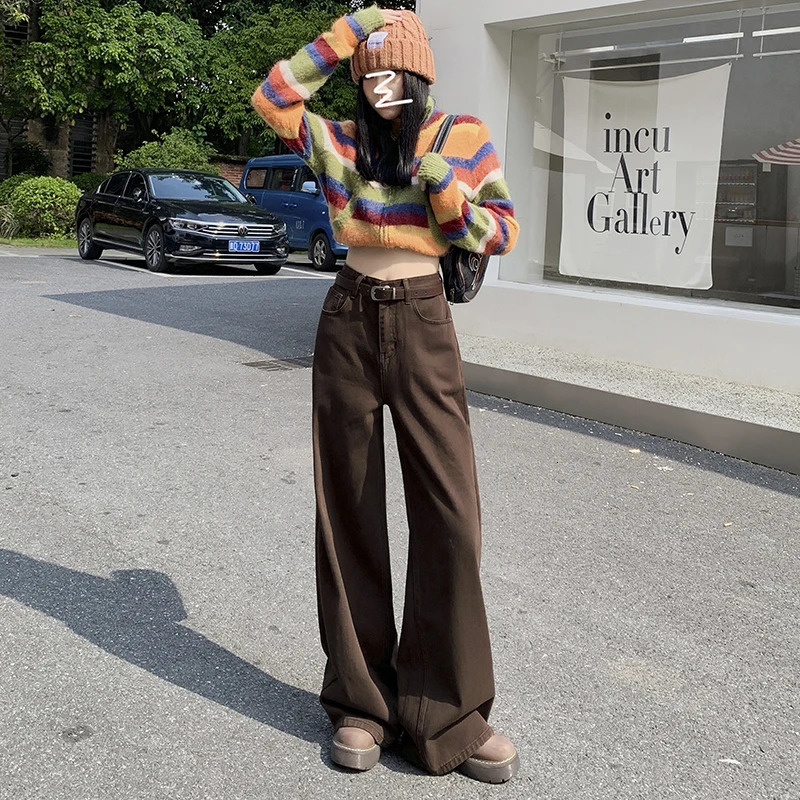 WCFCX STUDIO Womens High Waist Wide Leg Jeans Autumn Winter Vintage Straight Leg Pants Fashionable Floor Mopping Jeans 240806