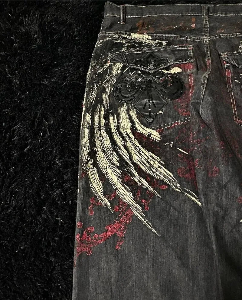 Streetwear Vintage 90s JNCO Jeans Big wing Embroidery Black Baggy Jeans womens Y2K Harajuku hip-hop Gothic wide trousers 240806