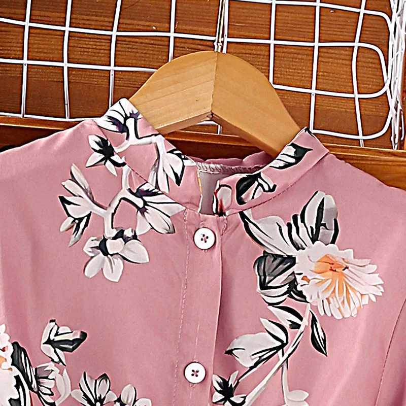 Girl 8-12 years old pink printed long sleeved pleated elegant vacation party dress for girlsW240720