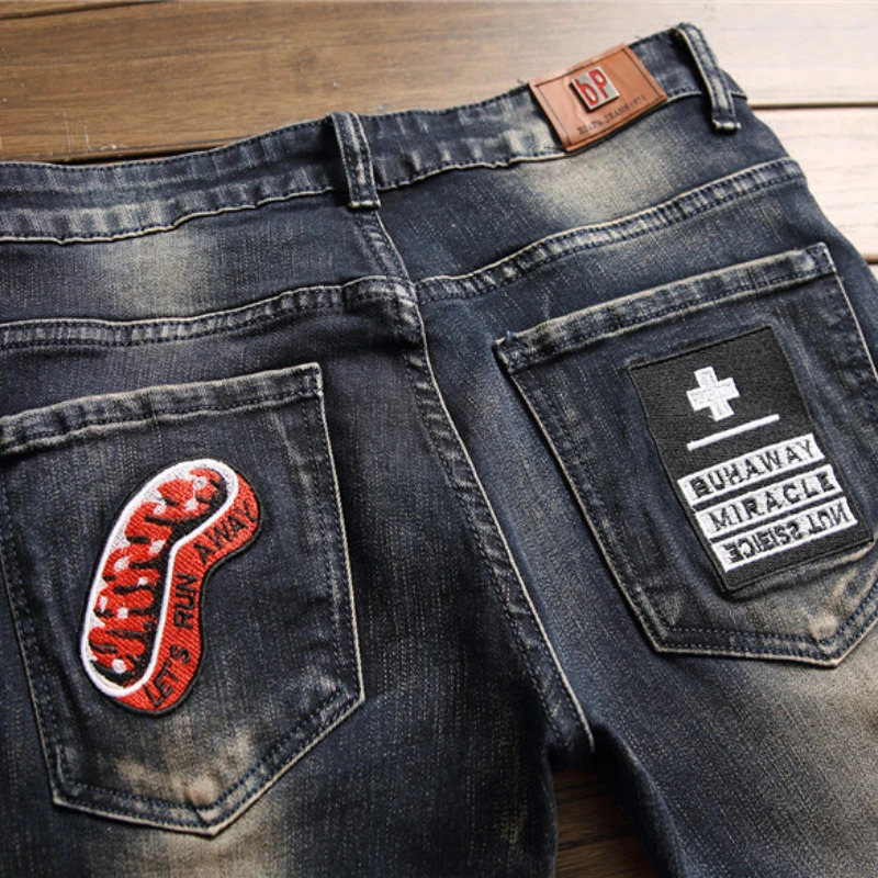Men Jeans Vintage Washed Print Denim Trousers Stretch Casual Slim Pencil Pants Patchwork Cargo Pants Fashion Streetwear Skinny 240806