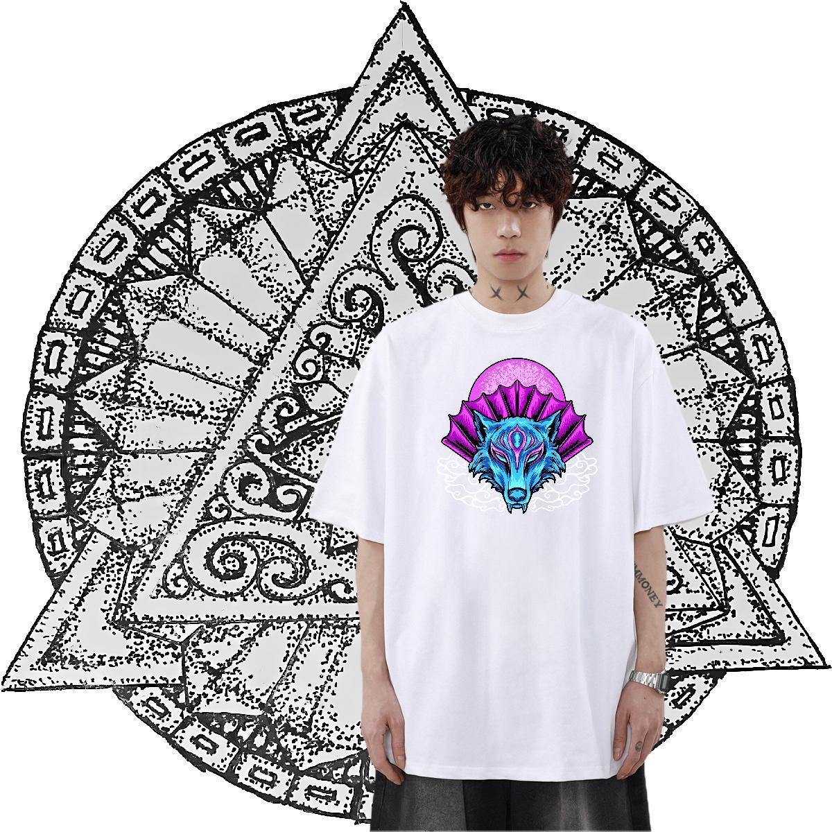 New Designer T-Shirts 230g Pure Cotton wolf Sport Tshirts Breathable Crew Neck High Quality Men Tops Tees White Plus Size