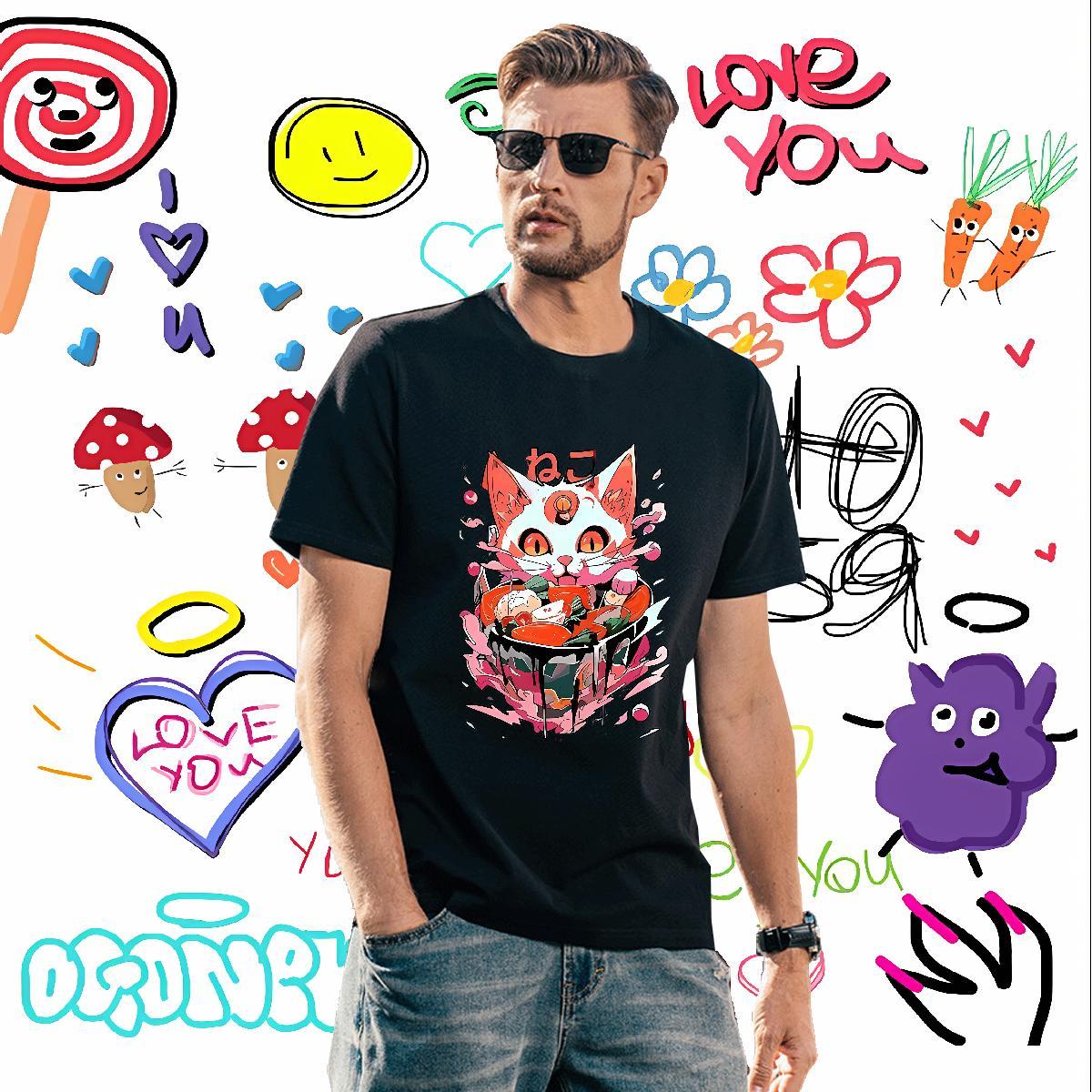 Mens T Shirts 230g Pure Cotton cat Beach Breathable Custom Cartoon Men Tees New Cool Tops