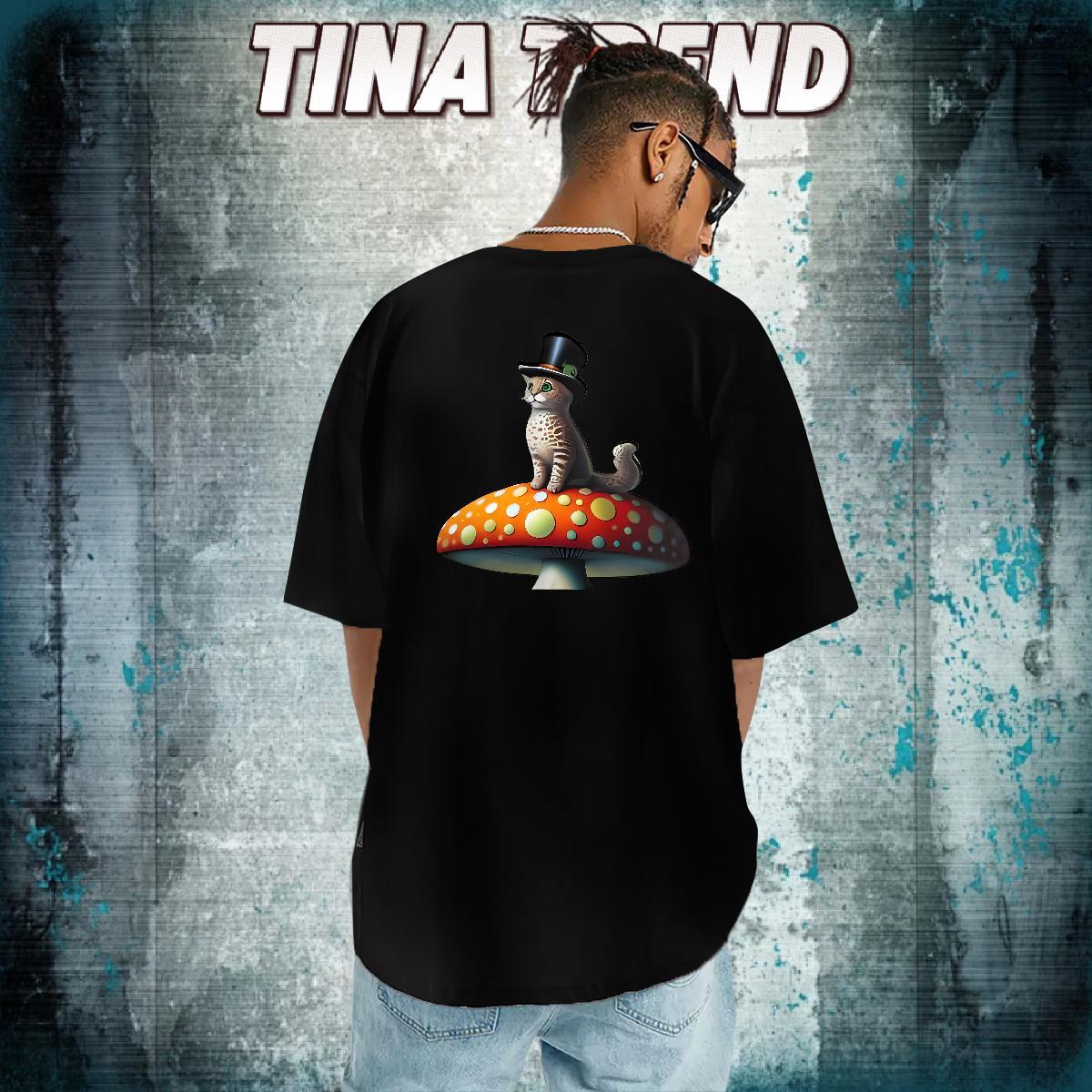 2024 Summer T shirt 230g 100% Cotton cat Street Wear Round Neck Short Sleeve Loose Fit Men Clothes T-Shirt Plus Size Cartoon