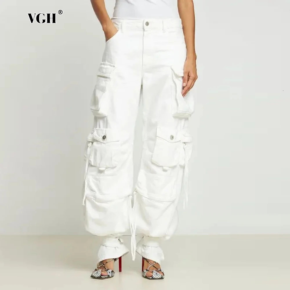 VGH White Loose Patchwork Pockets Trousers For Women High Waist Spliced Zipper Minimalist Casual Cargo Pants Female Fashion 240806