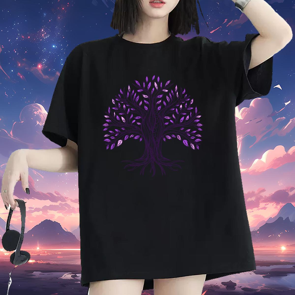 Loose fit T-Shirts for Women Breathable Crew Neck Womens Tshirts Anime Print tree Sports Casual 230g Pure Cotton Casual New Clothes