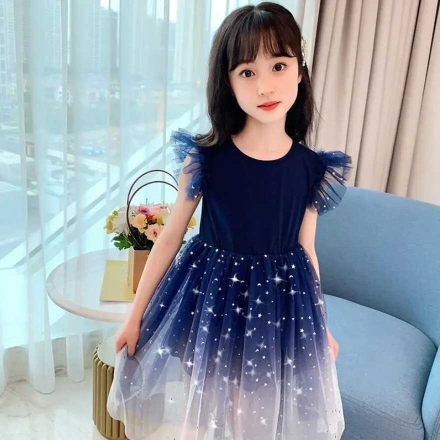 Girl Starry Sky Gradient Princess Dress Summer Sleeveless Fashion Gauze Dress New Year Childrens Birthday PartyW240720