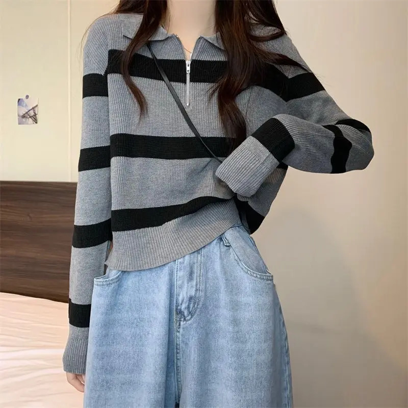 Striped Autumn Winter Womens Spliced Polo Collar Zipper Fashion Solid Loose Minimalist Casual Long Sleeve Knitted Top 240806