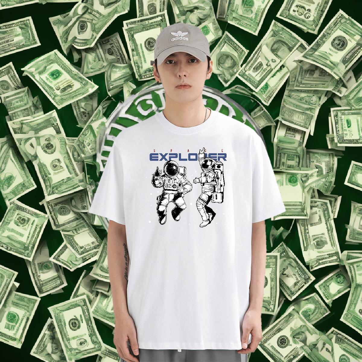 T-Shirts 230g Pure Cotton spaceman Spring Summer Breathable Crew Neck Cartoon Print Men Clothes T-Shirt Fashion Casual Loose Tops