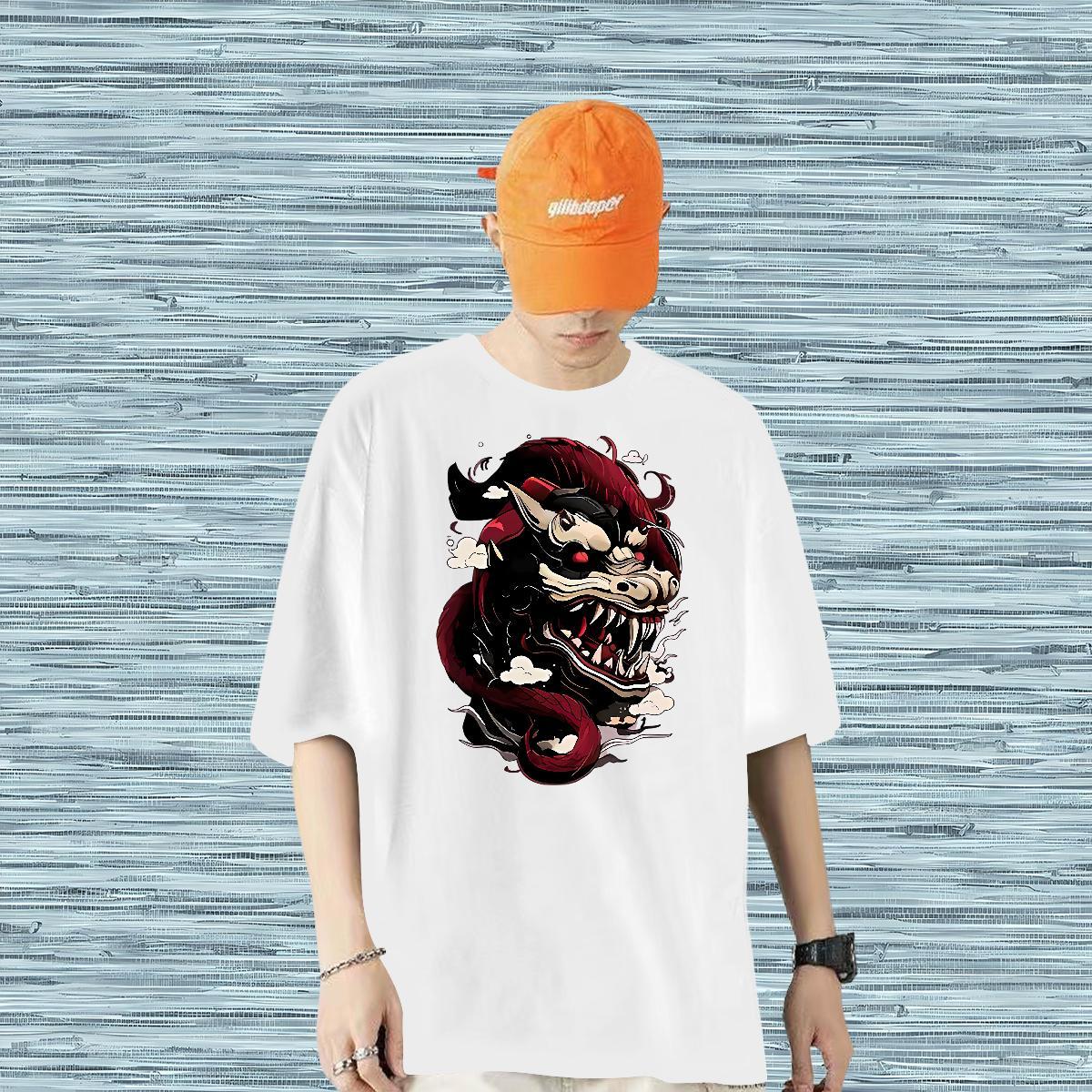 Free Shipping Mens T Shirts 100% Cotton 230g dinosaur Beach Tops Crew Neck High Quality Men Tees Oversized