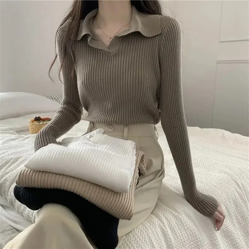 Elegant Vintage Knit Sweater Womens Long Sleeve Top Lapel Collar Stylish Polo Collar Base Layer Top For Spring Autumn 240806