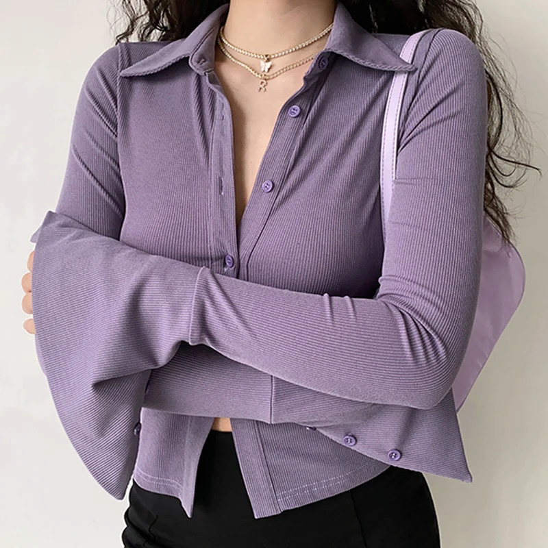 Purple Polo Turn Down Collar Flared Long Sleeve Blouses And Shirts Women Vintage Elegant Y2k Button Spring Autumn Tops Cardigan 240806