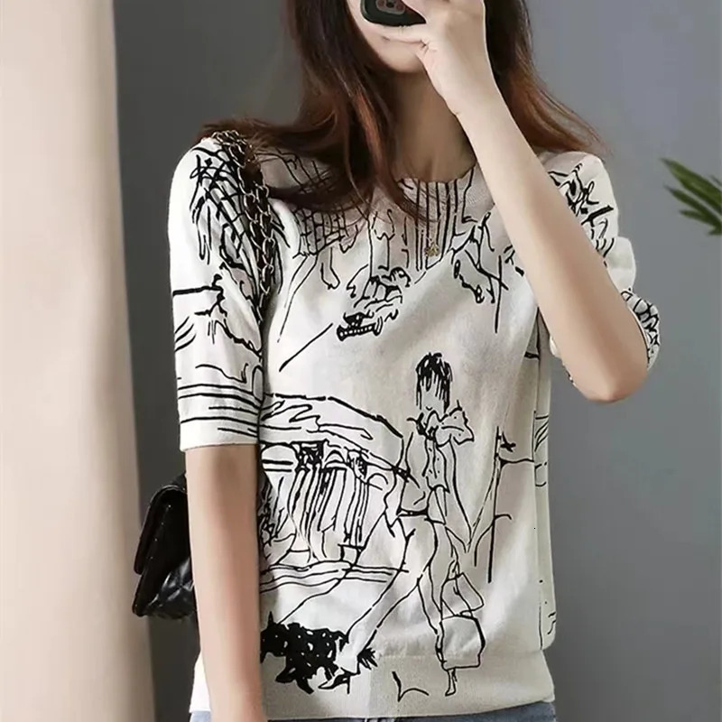Four Seasons Womens Long-Sleeve Round Neck Stitching Pullover T-Shirt Sweater Casual Top Korean Version Wool Short-Sleeve 240806