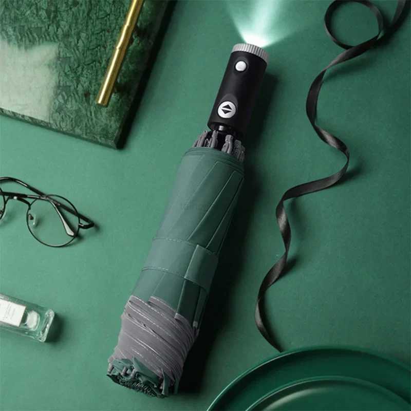 Fully Automatic Reverse Folding Umbrella With LED Flashlight 10Ribs Windproof Reflective Stripe UV Umbrellas For Sun Or Rain DayXJ240806