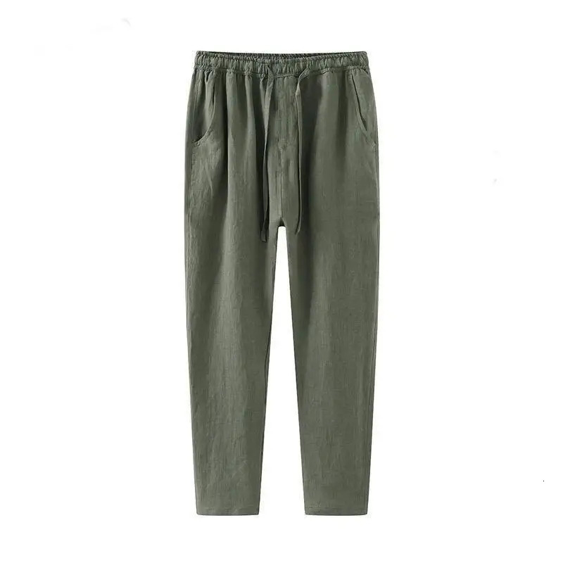 Mens summer streetwear breathable cotton linen ankle length pants mens simple casual solid loose Trouser Y2K pocket Pantalones240806