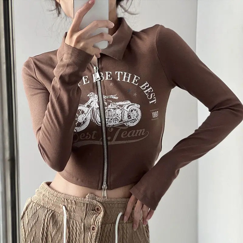 Zip Up Cutting T-shirt Womens Retro Y2k Graphic Polo Top Ultra Thin Bandage Shirt Long Sleeve T-shirt Brown Almond 240827