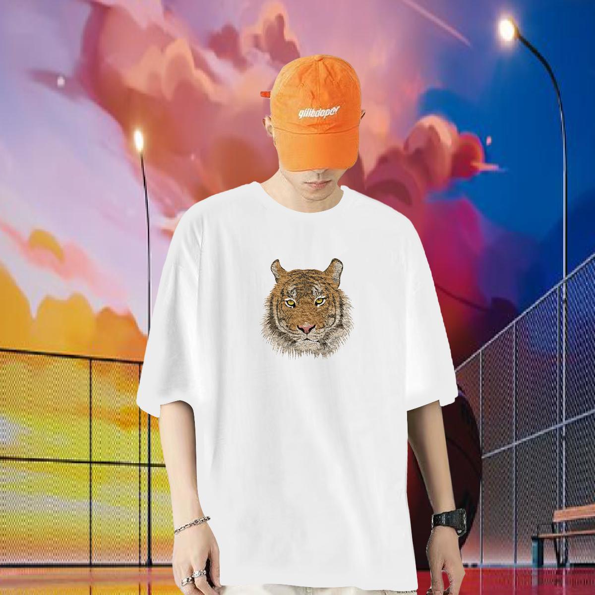 Fashion New Man T Shirts 230g 100% Cotton tiger Hip Hop Tees Shirts Pure Cotton Loose Fit Couples T Shirts DIY Logo Oversized