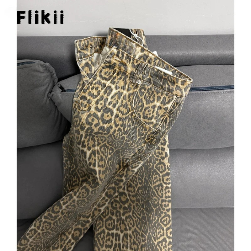 American Retro Leopard High Waist Baggy Jeans Womens Casual Pockets Hip-hop Pants Spring Y2K Oversiz Panther Denim Trouser 240806