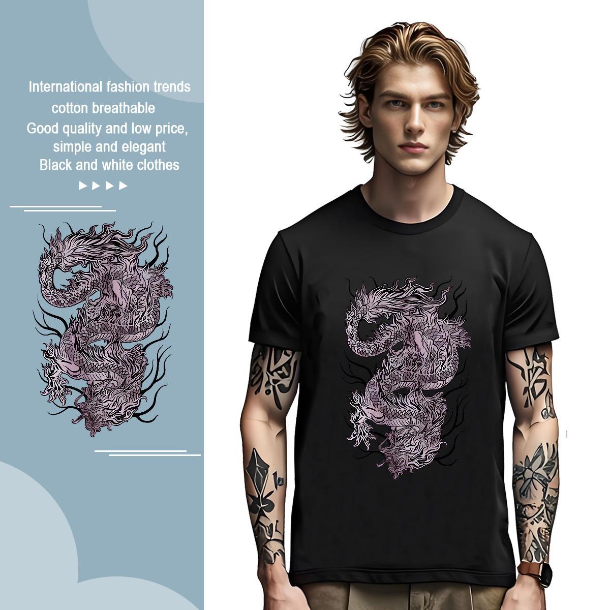 T-Shirts for Men 100% Cotton 230g Black Purple Dragon Street Breathable Short Sleeve Black White Men Tops Tees Stylist Brand Tee Shirt
