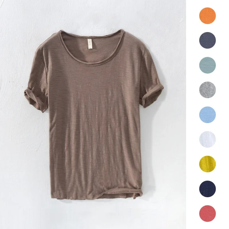 Retro Raw Edge T-Shirt for Men 100% Cotton LightweightBreathableSlim-fit Monochromatic O-Neck Casual Basic Top 240806