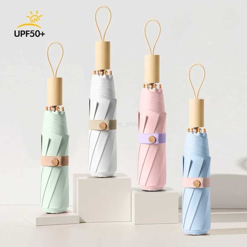 Wooden Umbrella 8 Ribs Solid Color Automatic Folding Rain Sun Protection UV Advanced Sensing Female Parasol Shade AccessoryXJ240806