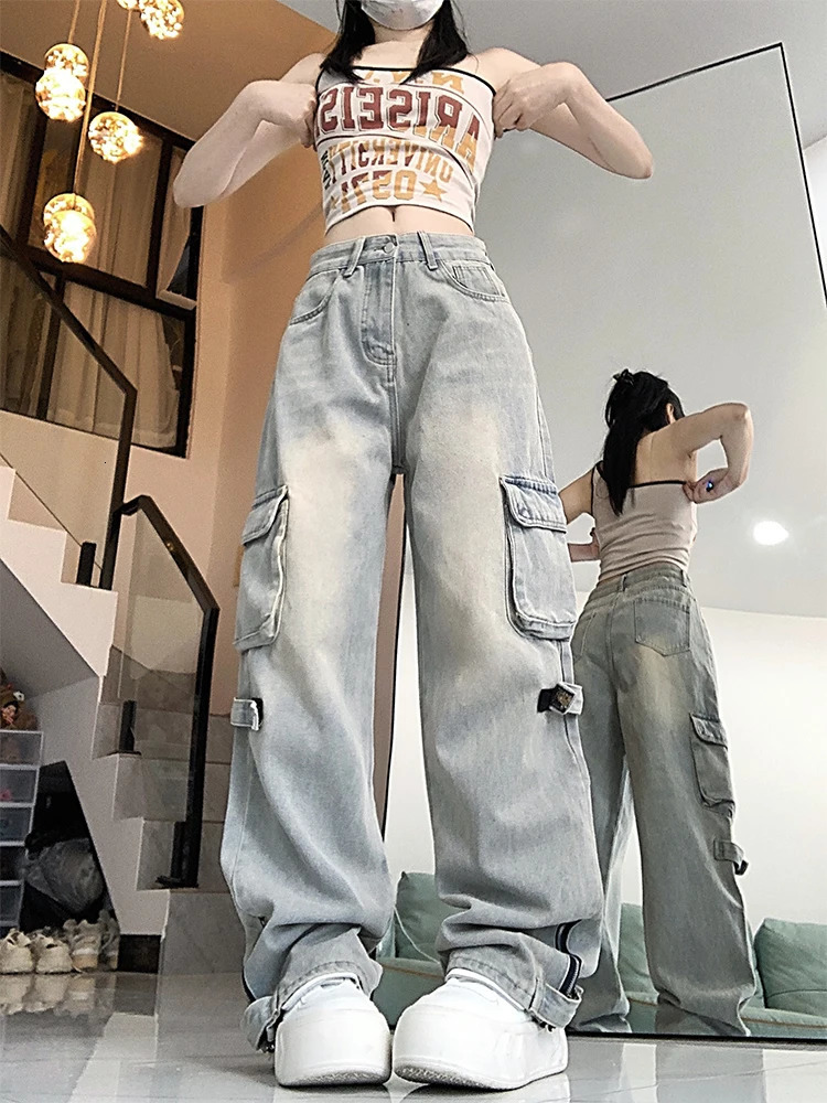 Womens Blue Cargo Jeans Harajuku 90s Streetwear Denim Trousers Y2k Jean Pants Vintage Japanese 2000s Style Trashy Clothes 240806