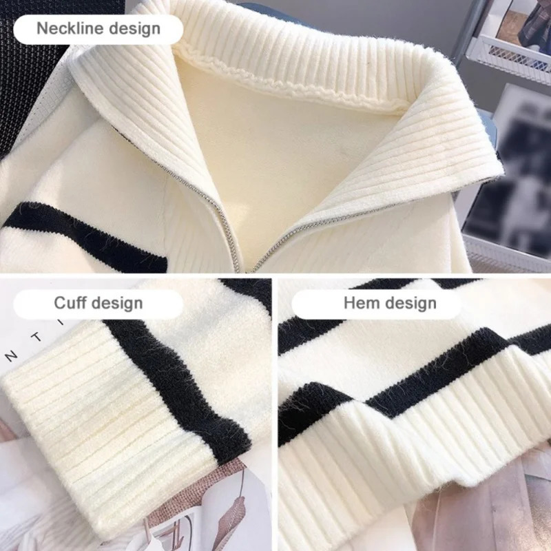 Autumn Winter Ladies Sweater Women Thickened Inner Zipper Jacket Striped Bottoming Shirt Short Section Hedging Outerwear Tops 240806