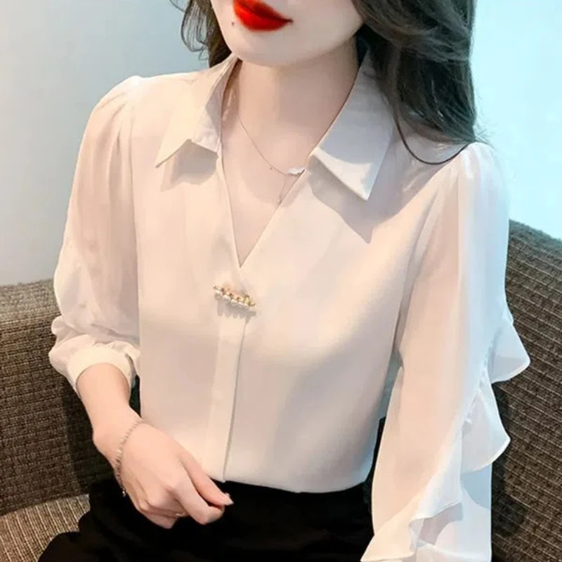Womens Solid Color Rivet Lantern Long Sleeve Chiffon White Cardigan Shirt Formal Spring Summer Clothing Turn-down Collar Tops 240806