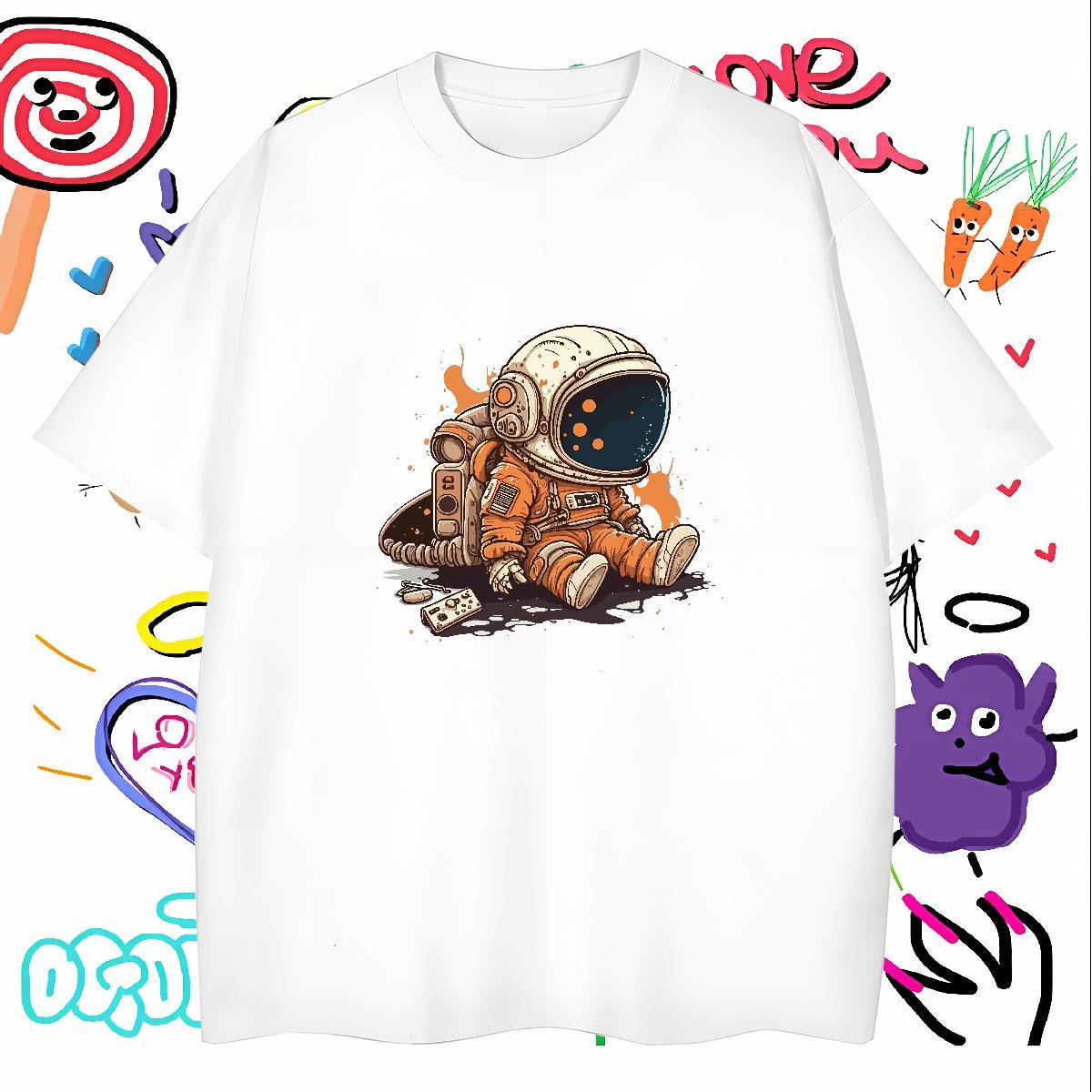 Man T Shirts 230g Pure Cotton cosmonaut Casual Daily Wear Breathable Soft Plus Size Cartoon Tshirts 2024 DIY TOP Quality Polos