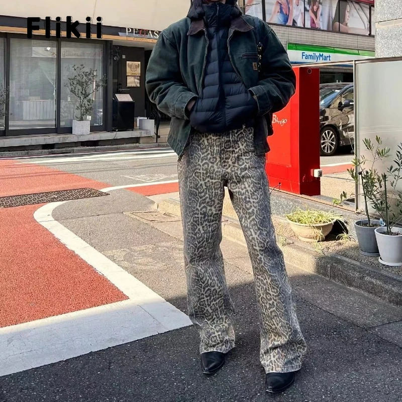 American Retro High Waist Leopard Print Jeans For Women Baggy Pocket Y2K Pants Casual Wide Leg Grunge Streetwear Denim Trouser 240806