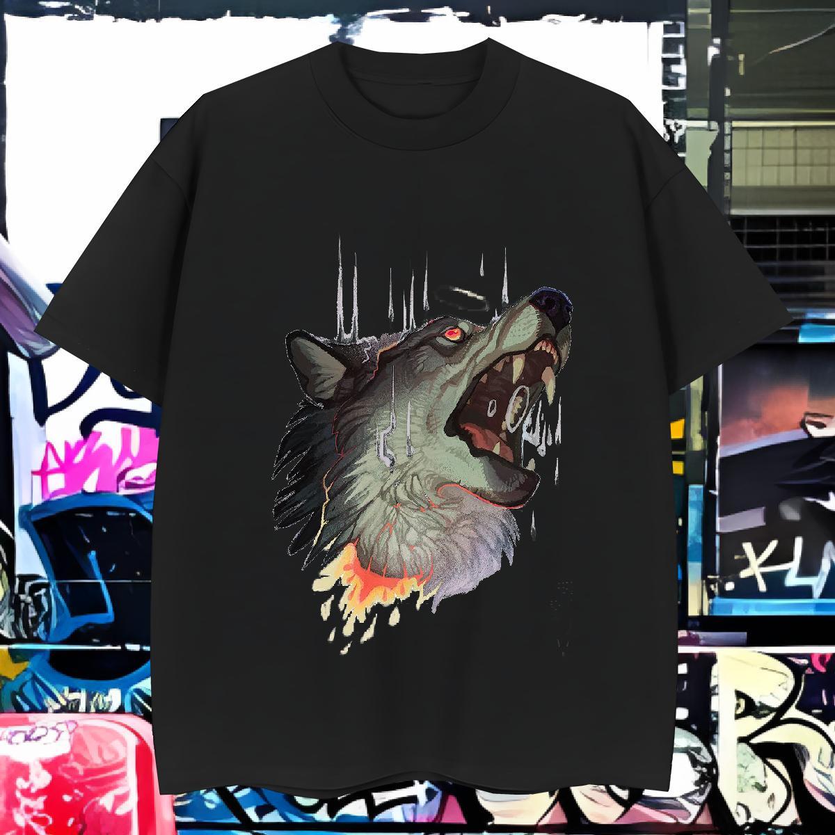 Loose Fit Men Tshirts 230g Cotton wolf T Shirt For Man Casual Crew Neck Custom Anime Fashion Clothes