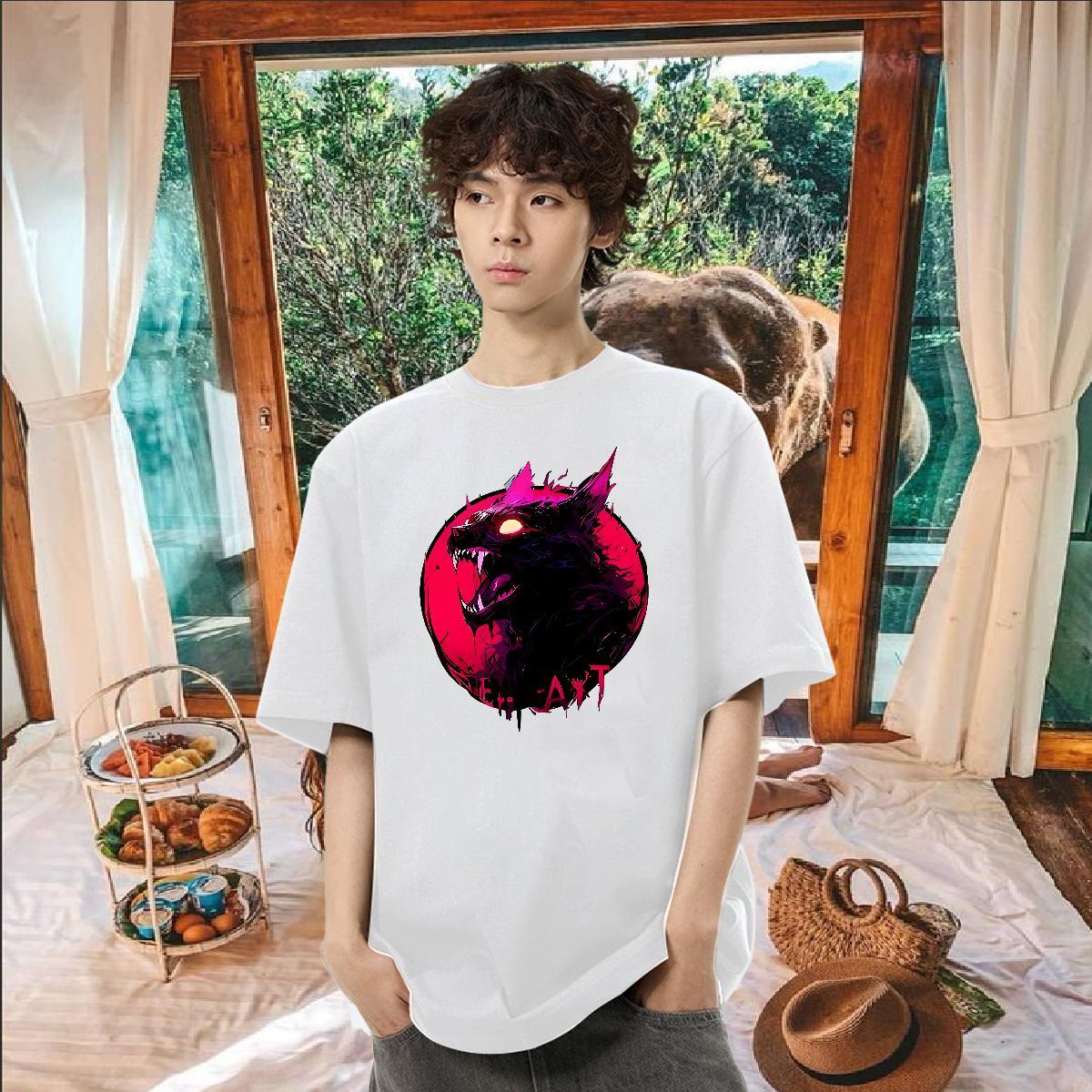 2024 New T Shirts Men 100% Cotton 230g wolf Anime Printing Street Tees Shirts Short Sleeve Soft High Quality Tshirts DIY Logo Oversized