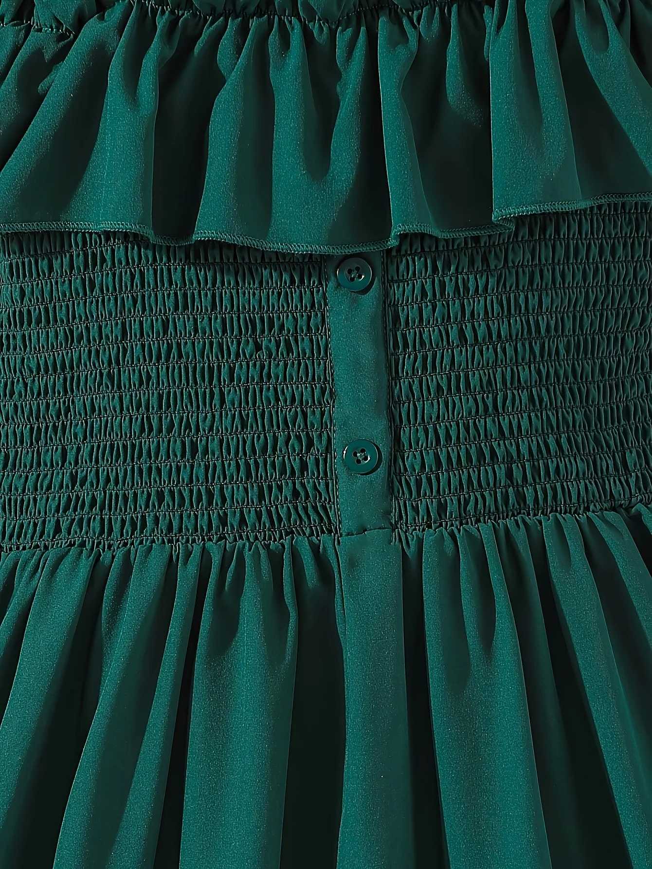 Summer girls high school girls big girls dark green pleated shoulder elegant dressW240720