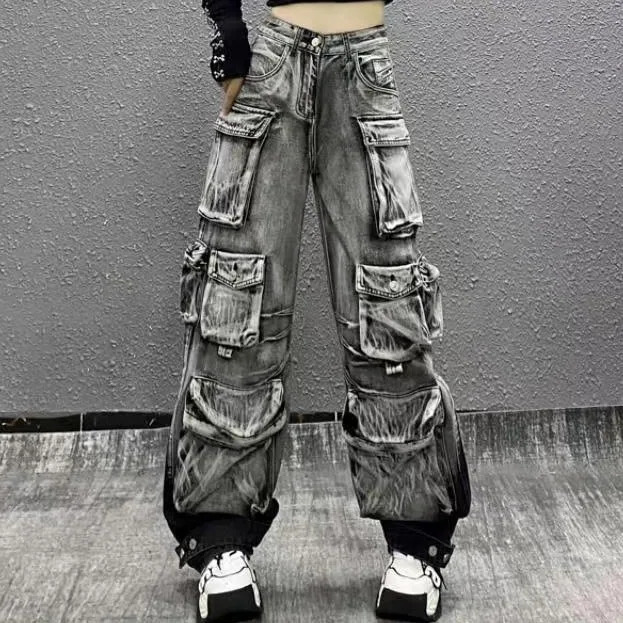 Women Jeans Denim Distressed Multi Pocket Washing Cargo Pants Casual Low Waist Zipper Fly Winter Gradient Slight Strech 240806