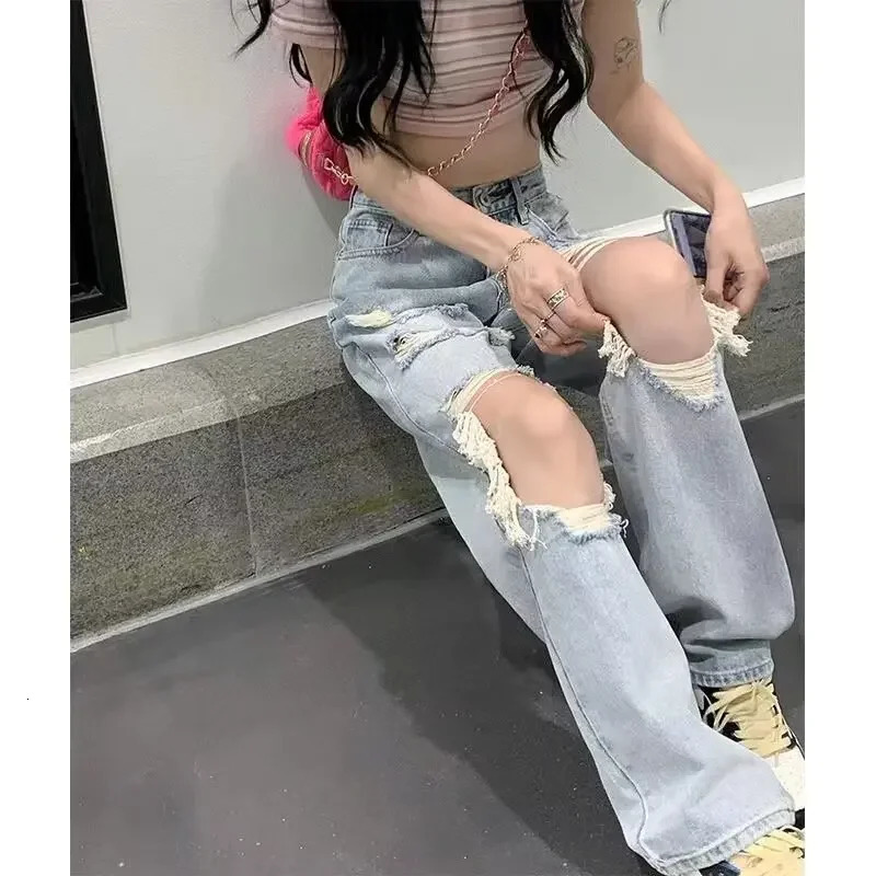 American Style Vintage Ripped Jeans Womens Loose Fit Slimming Straight Leg Trousers Versatile Wide Leg Dragging Pants Summer 240806
